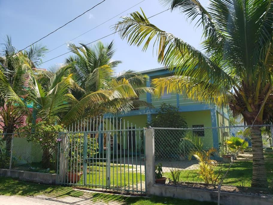 a yellow house with palm trees in front of it at The Sands Inn-Upper Floor with pool in Caye Caulker