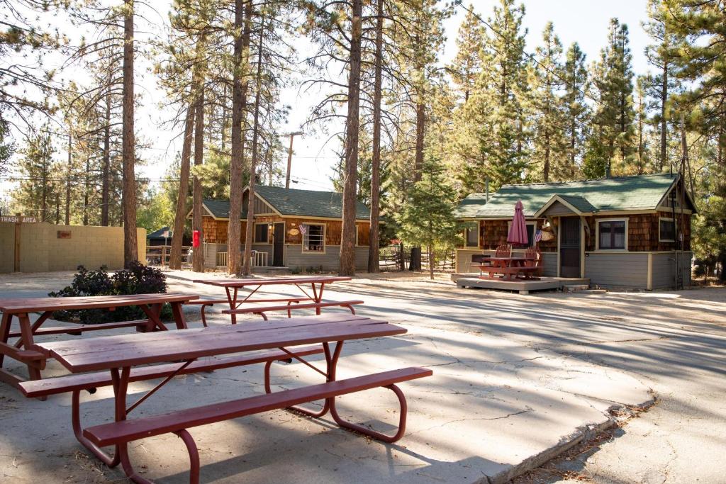 a group of picnic tables in front of a cabin at Big Pines Couple Lakeview Studio Cabin by Big Bear Vacations in Big Bear Lake