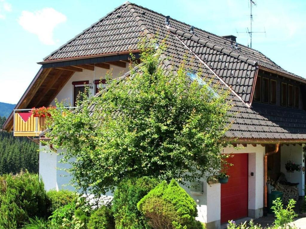 a small white house with a red door at Haus Leufke in Lenzkirch