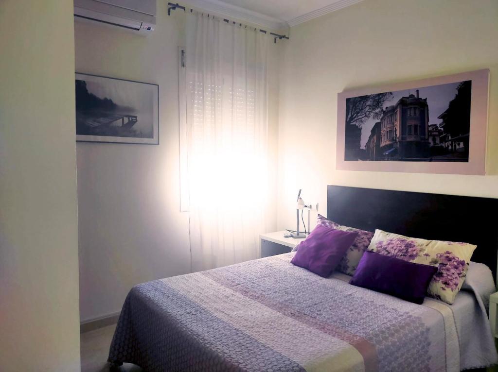 克莉絲蒂娜島的住宿－Isladescanso，一间卧室配有一张带紫色枕头的床
