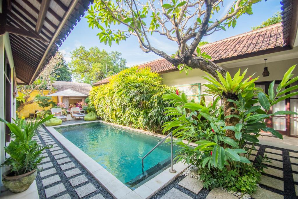 a swimming pool in the courtyard of a house with plants at Kembali Lagi Guest House in Sanur