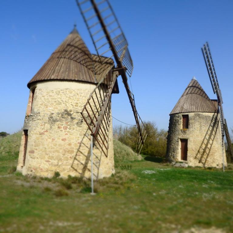 two windmills in a field with a blue sky at L&#39;oustal des Fontanilles in Castelnaudary