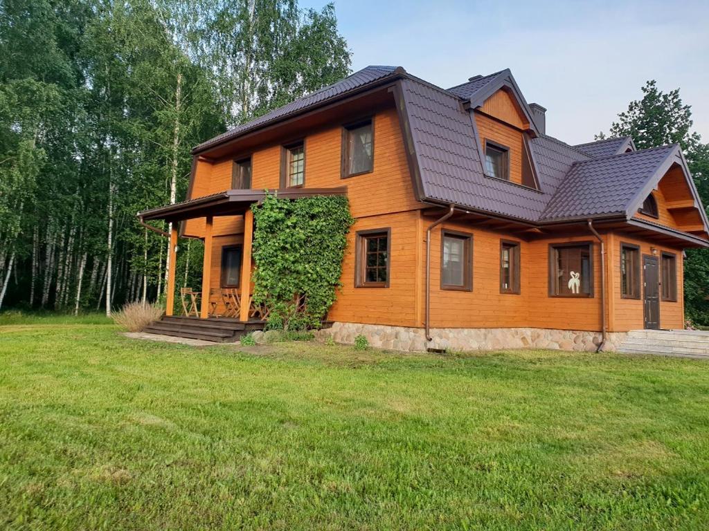 een houten huis met een zwart dak op een grasveld bij Ciche Podlasie in Siemianówka