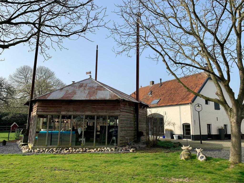 a group of animals sitting in the grass in front of a building at Atelier Onder de Notenboom in Appeltern