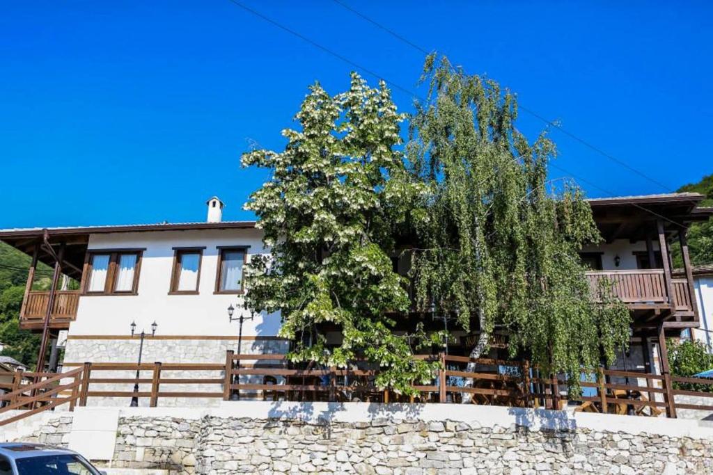 una casa con un árbol delante de ella en Delchovski Han en Delchevo
