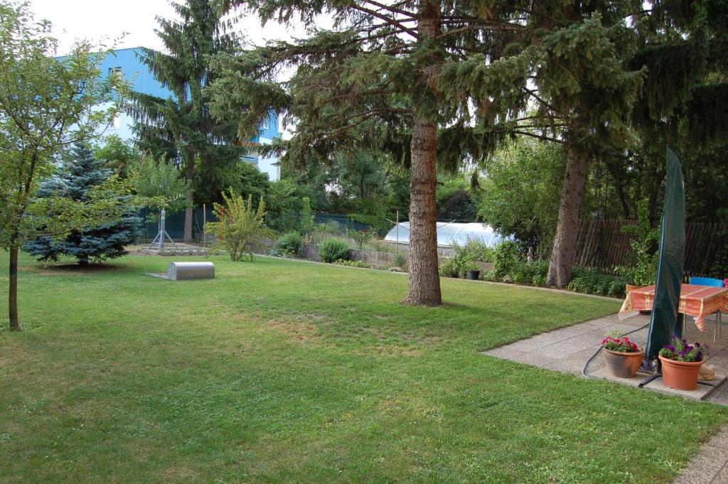 a park with a bench and a table and trees at Garden Apartment Donau-City (P&R) in Vienna