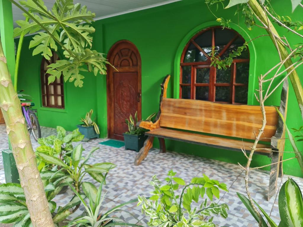 a wooden bench in front of a green wall with plants at Tortuguero Casa de Playa Green House in Tortuguero