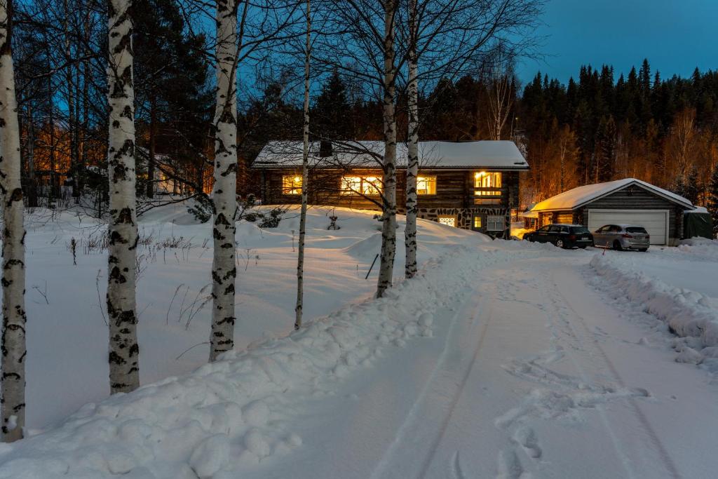 une cabane en rondins dans la neige la nuit dans l'établissement A room (or 2 or 3) in a Lapland House of Dreams, à Rovaniemi