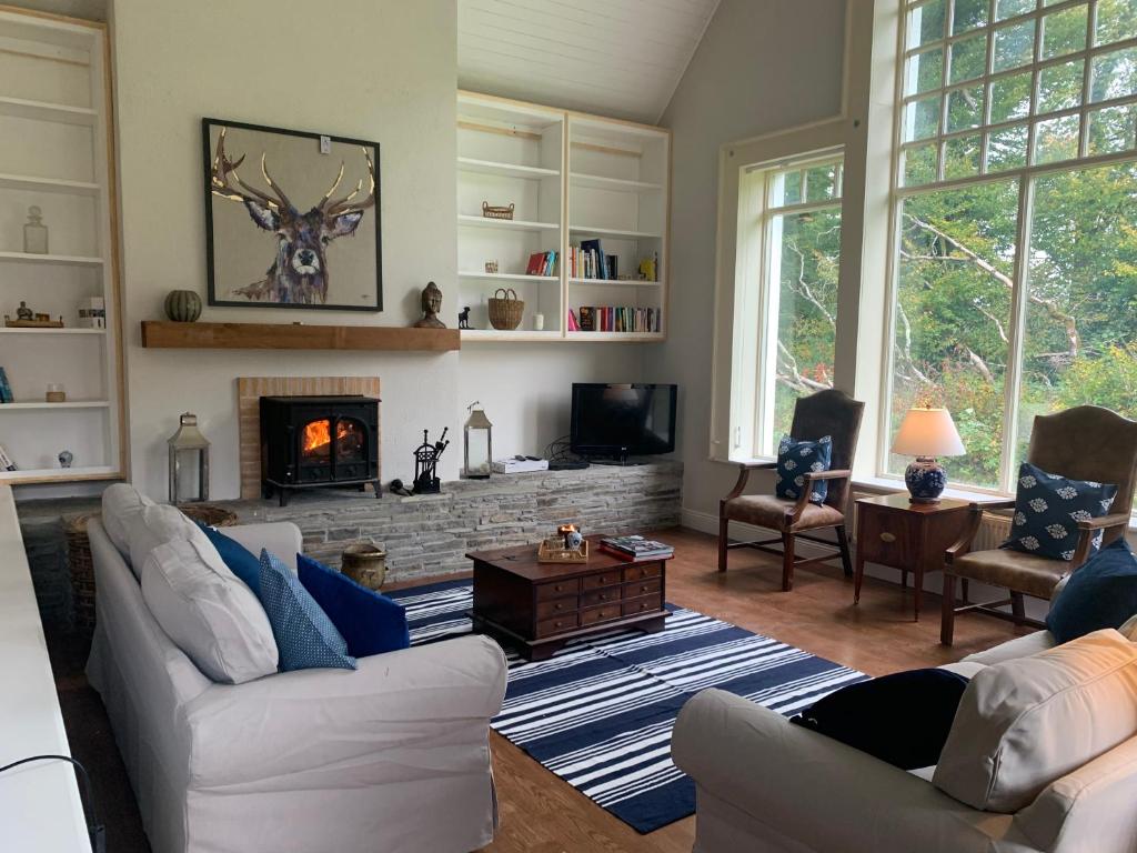 a living room with a couch and a fireplace at Mount Juliet luxury residence in Ballylinch Bridge