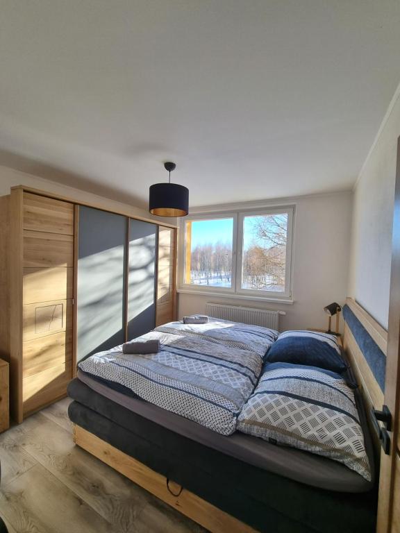 塔特蘭斯卡魯門尼卡的住宿－Apartmán Lomnický Štít，一间卧室设有一张大床和两个窗户。