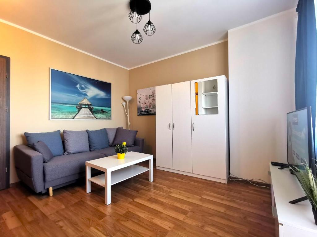 a living room with a couch and a table at Euro24 Apartamenty Rumia Klon - studio z balkonem in Rumia