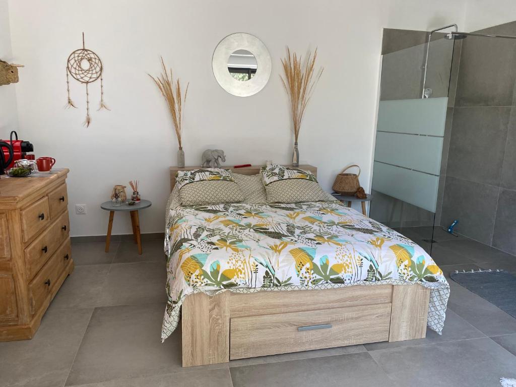 Schlafzimmer mit einem Bett, einer Holzkommode und einem Spiegel in der Unterkunft Chambre à louer in Laouque