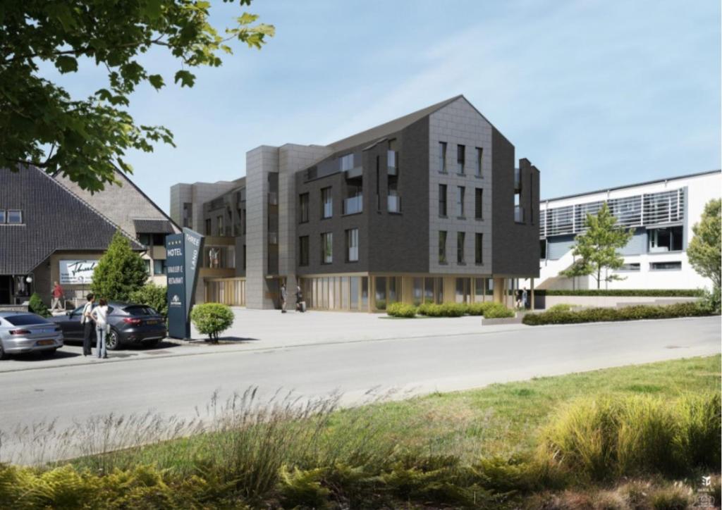 a rendering of the proposed building at the end of the street at Threeland Hotel in Pétange