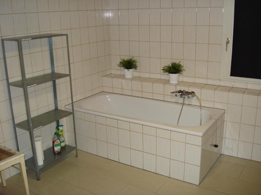 een badkamer met een bad met potplanten. bij Appartement 25 qm mit Bad an der Mosel - Nähe Koblenz in Dieblich