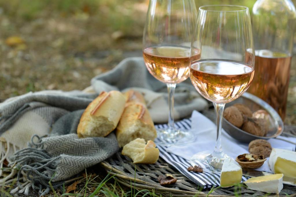 a picnic with two glasses of wine and cheese at Pyrénées Passions - Gîtes de Charmes &amp; Caractère in Estadens