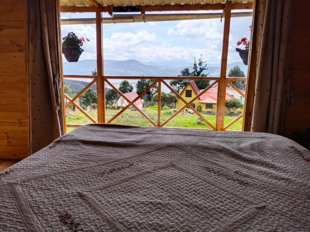 a bed in a room with a large window at Cabaña Los Girasoles in Guatavita