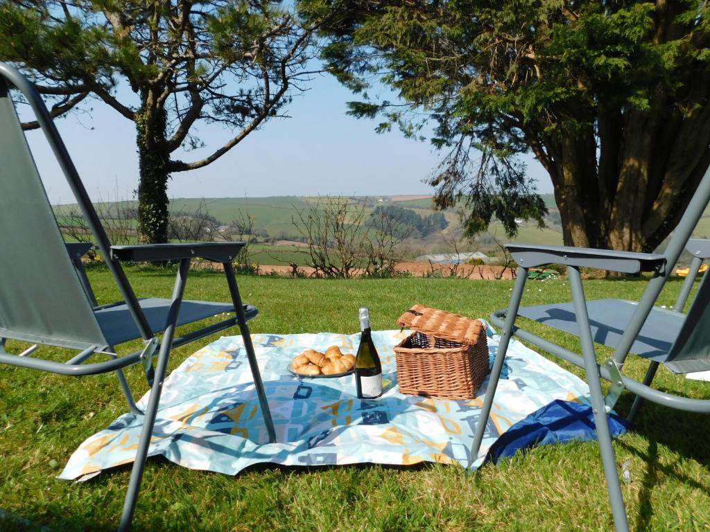 a picnic blanket with a bottle of wine and a basket of bread at 238 Norton Park, Dartmouth 2 bed holiday home with free parking in Dartmouth