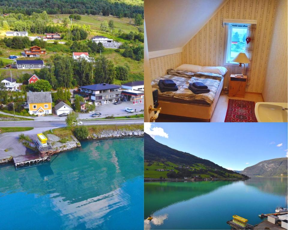 un collage de tres fotos de una habitación de hotel con un lago en Sjarmerende feriehus i Olden rett ved fjorden, en Stryn