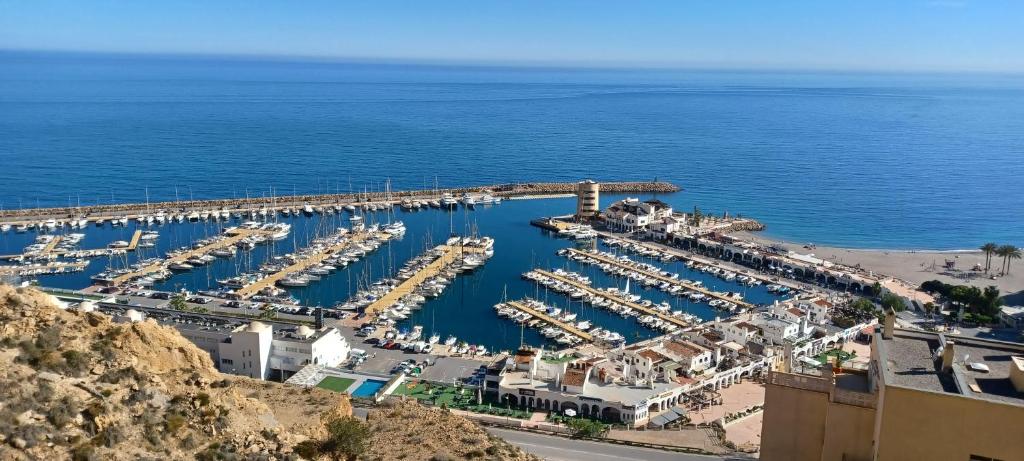 an aerial view of a marina with boats in the water at Sunset Apartment Aguadulce in Aguadulce