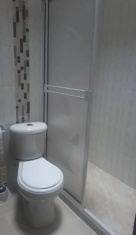 a white bathroom with a toilet and a shower at Mi Balconcito in Salento