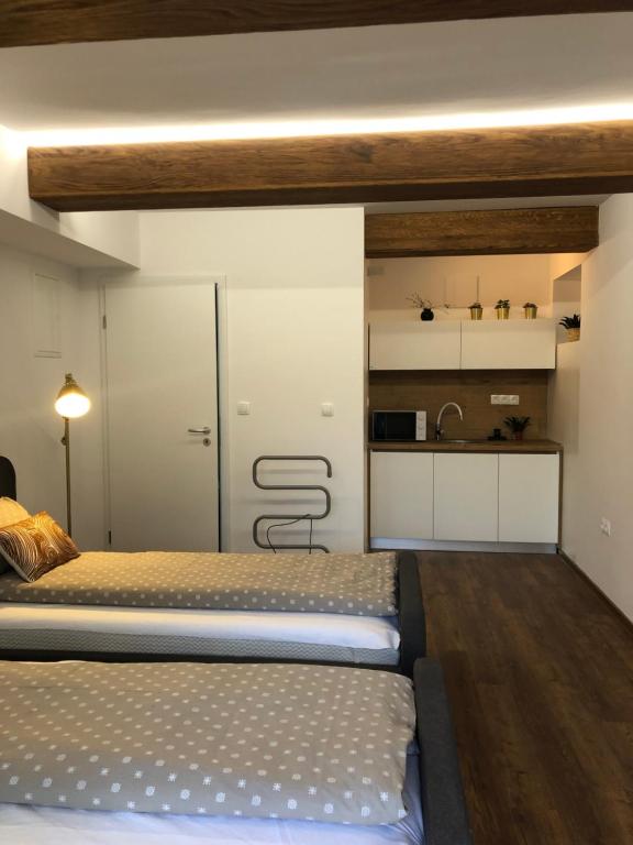 ein Schlafzimmer mit 2 Betten und eine Küche im Hintergrund in der Unterkunft Maximo Apartments - free parking in Maribor
