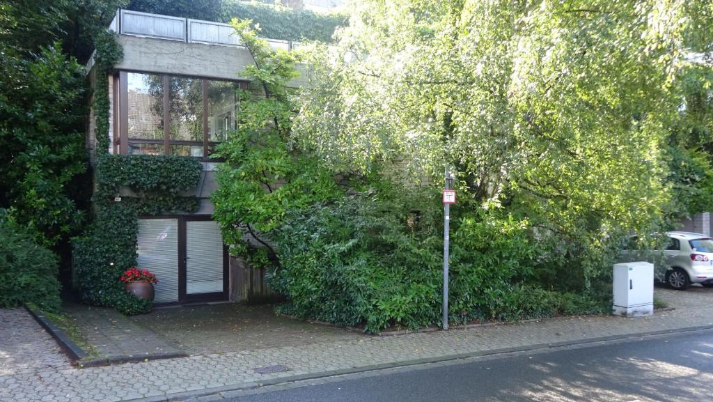 a building with a tree next to a street at Guest Apartment Unterbach in Düsseldorf