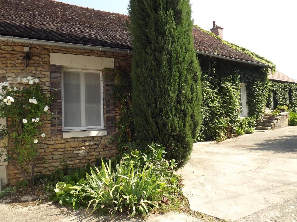 a brick house with a window and a tree at L'instant... in Marolles-sous-Lignières