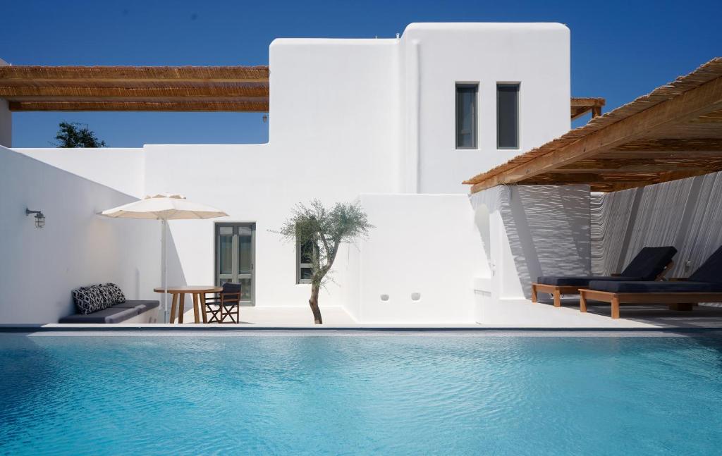 a villa with a swimming pool next to a house at Alio Naxos Luxury Suites in Agios Georgios