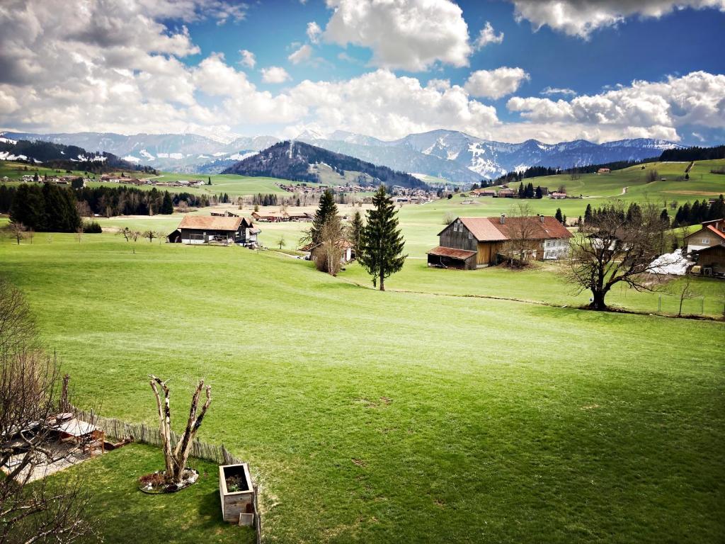 Oberstaufenblick.Allgäu في Stiefenhofen: حقل من العشب الأخضر مع الجبال في الخلفية