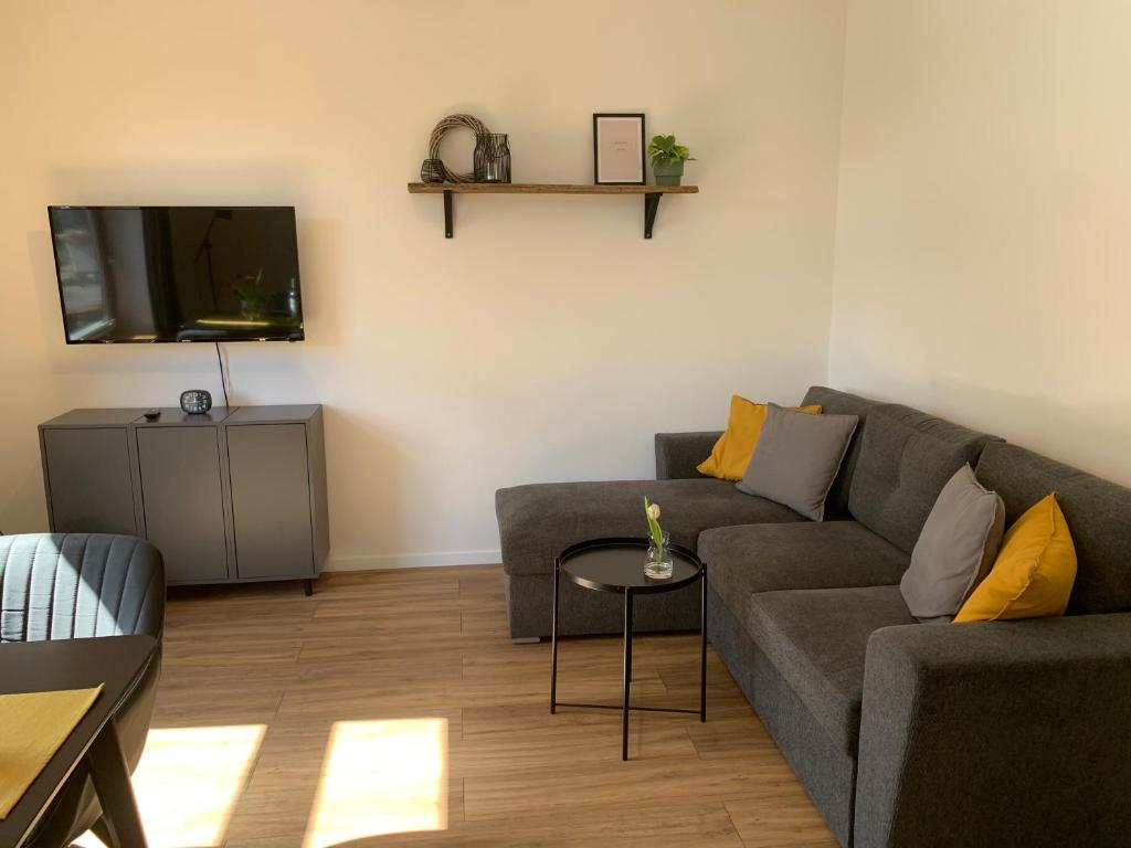 sala de estar con sofá y TV en Lille Hygge, en Clenze