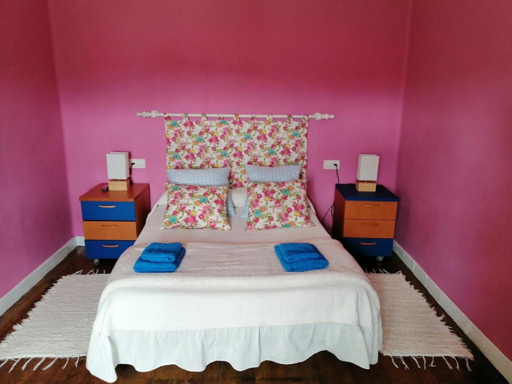 1 dormitorio con 1 cama con paredes rosas y almohadas azules en La Casa de Colores, en Sariego