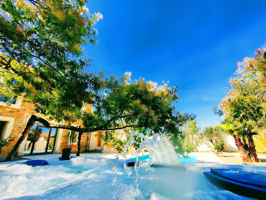 a water fountain in a yard with trees at Villa Napoléon Piscine&Jacuzzi in Le Somail