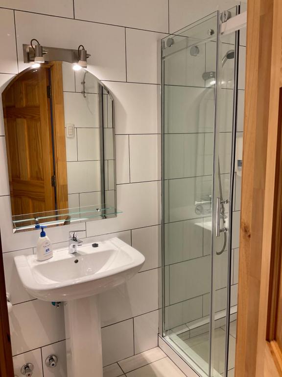 bagno con lavandino e doccia in vetro di Hostal Balmaceda a Punta Arenas