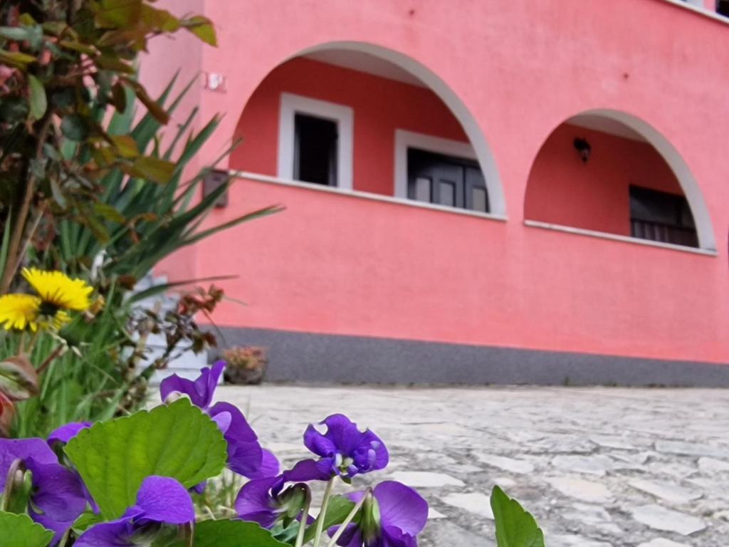 a pink building with flowers in front of it at Apartman Sandro in Motovun