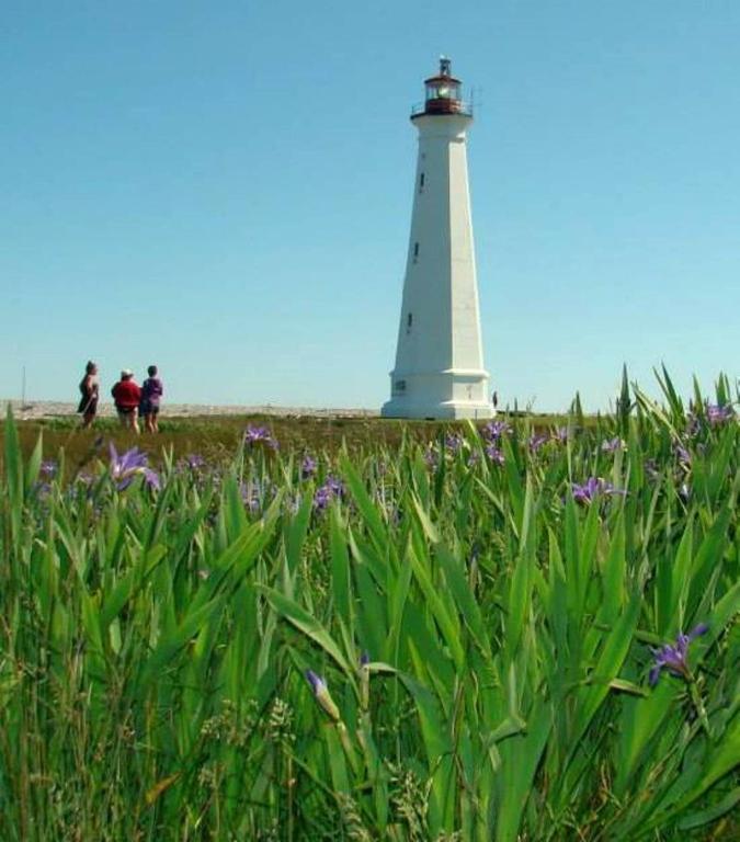 a lighthouse with people walking in front of it at Mama`s By The Sea B&B in Clark's Harbour
