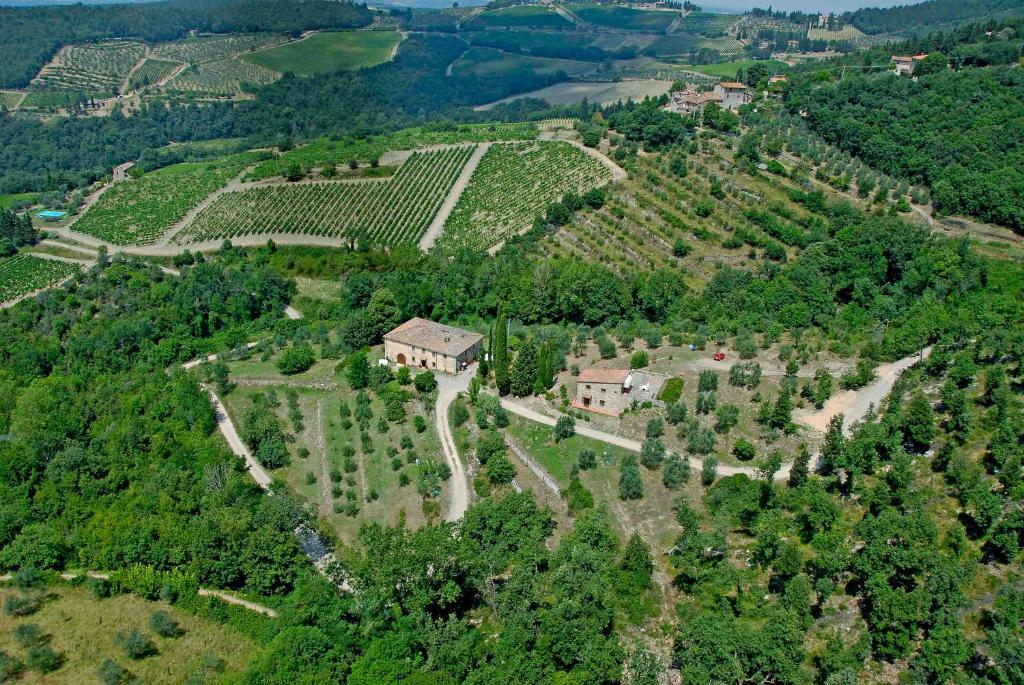 z góry widok na farmę z domem i drzewami w obiekcie Agriturismo capanna delle Cozzole w mieście Castellina in Chianti