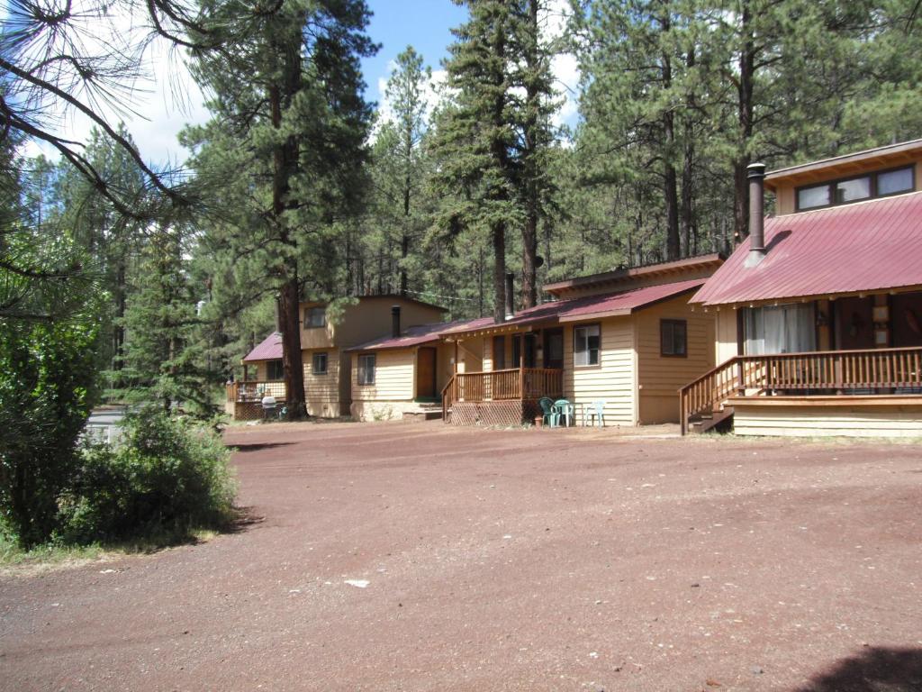 un grupo de edificios con un camino de tierra delante en Greer Point Trails End Cabins en Greer