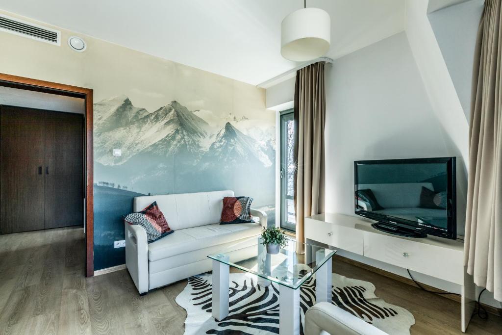 ein Wohnzimmer mit einem Sofa und einem TV in der Unterkunft Apartament Widokowy- Zakopane in Zakopane