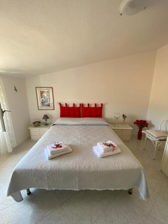 Un dormitorio con una cama grande con almohadas rojas. en A Casa di Anna, en Mamoiada