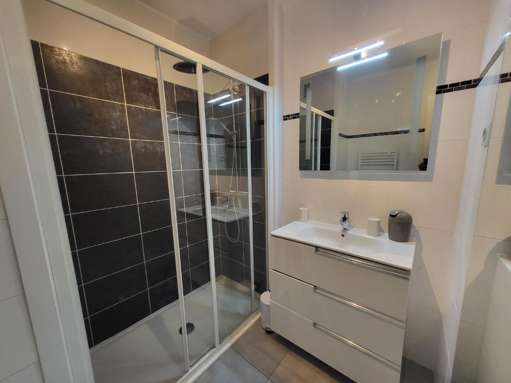 La salle de bains est pourvue d'une douche et d'un lavabo. dans l'établissement LE COLOMBIER STUDIO, à Antibes