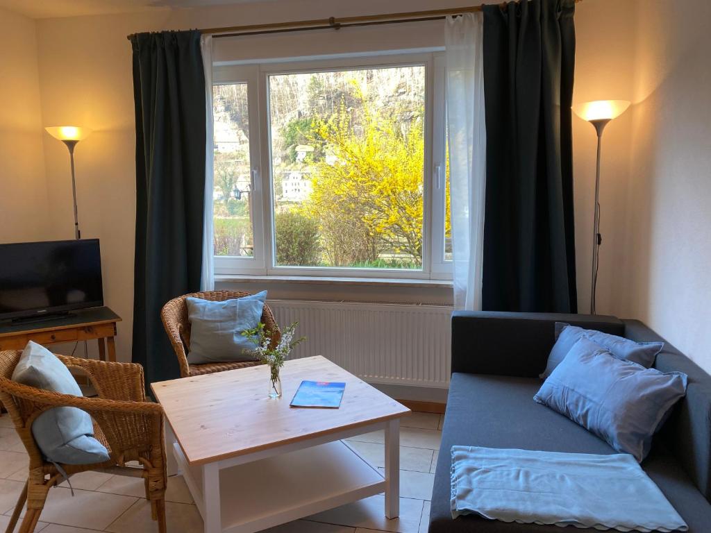 a living room with a couch and a table and a window at Kapitänshaus in Bad Schandau