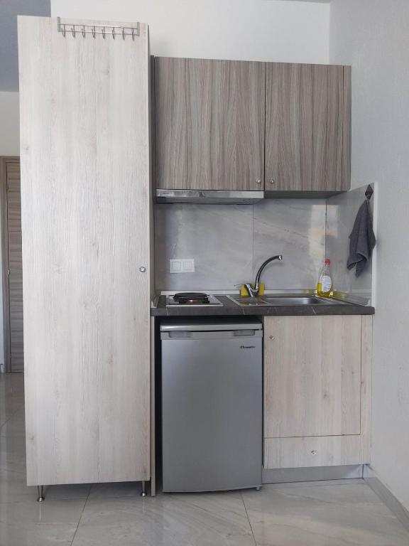 kuchnia z drewnianymi szafkami, zlewem i zmywarką do naczyń w obiekcie Mei's luxury apartments w Stavrós