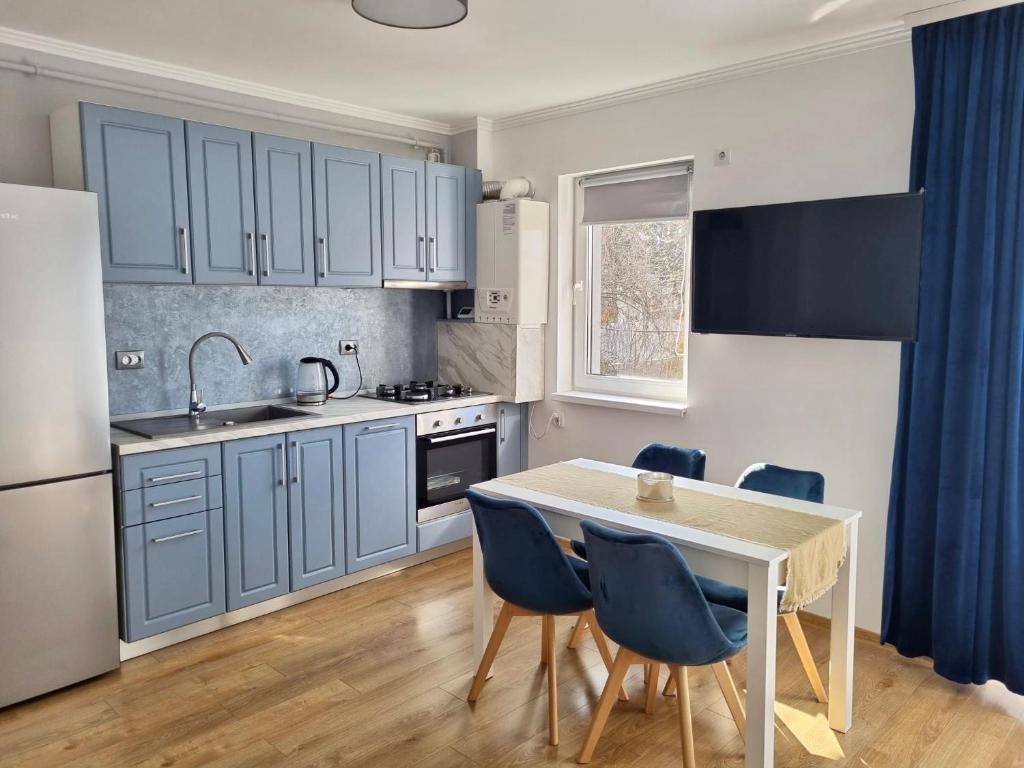 a kitchen with blue cabinets and a table and chairs at Lily Central Apartment with free parking in Târgu-Mureş