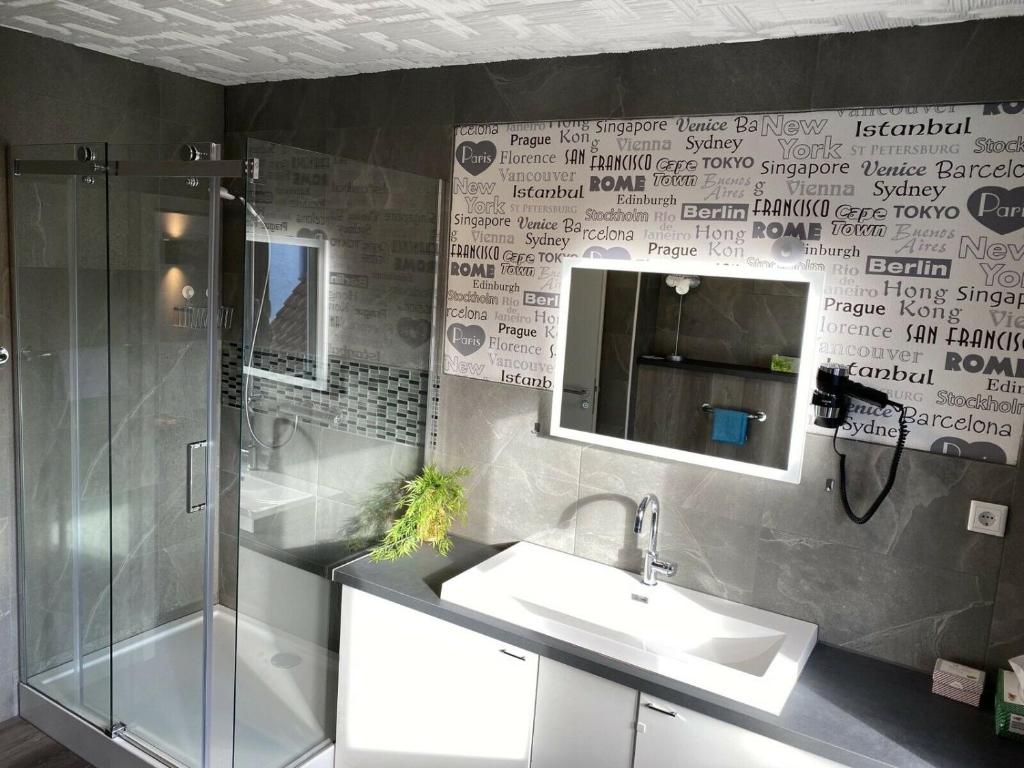 a bathroom with a sink and a shower and a mirror at Schöne Lemgoer Unterkunft in Lemgo