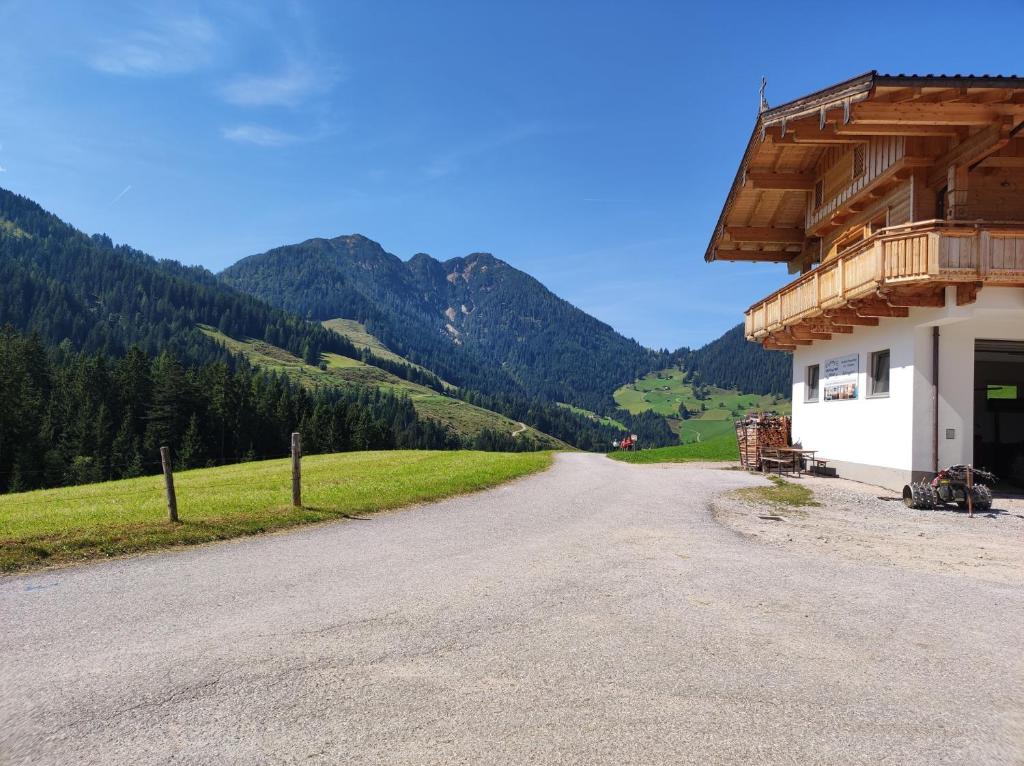 a road next to a building with mountains in the background at Chalet Sollererwirt WILD019 FeWo-PLAN in Thierbach