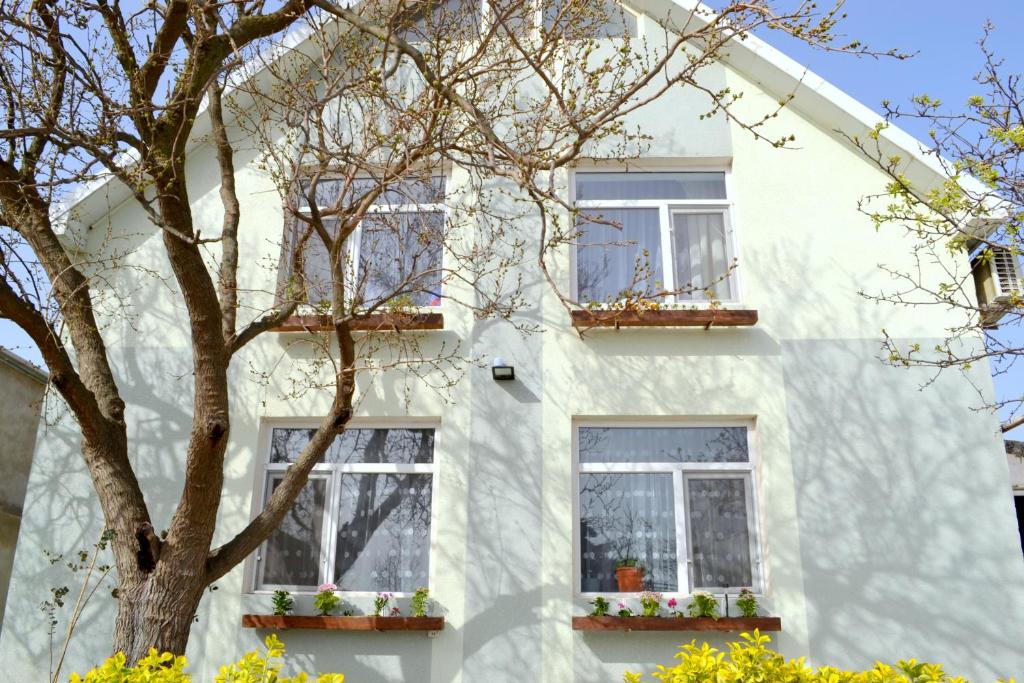 una casa blanca con ventanas y un árbol en Garden Cottage near Beach, Airport, en Baku