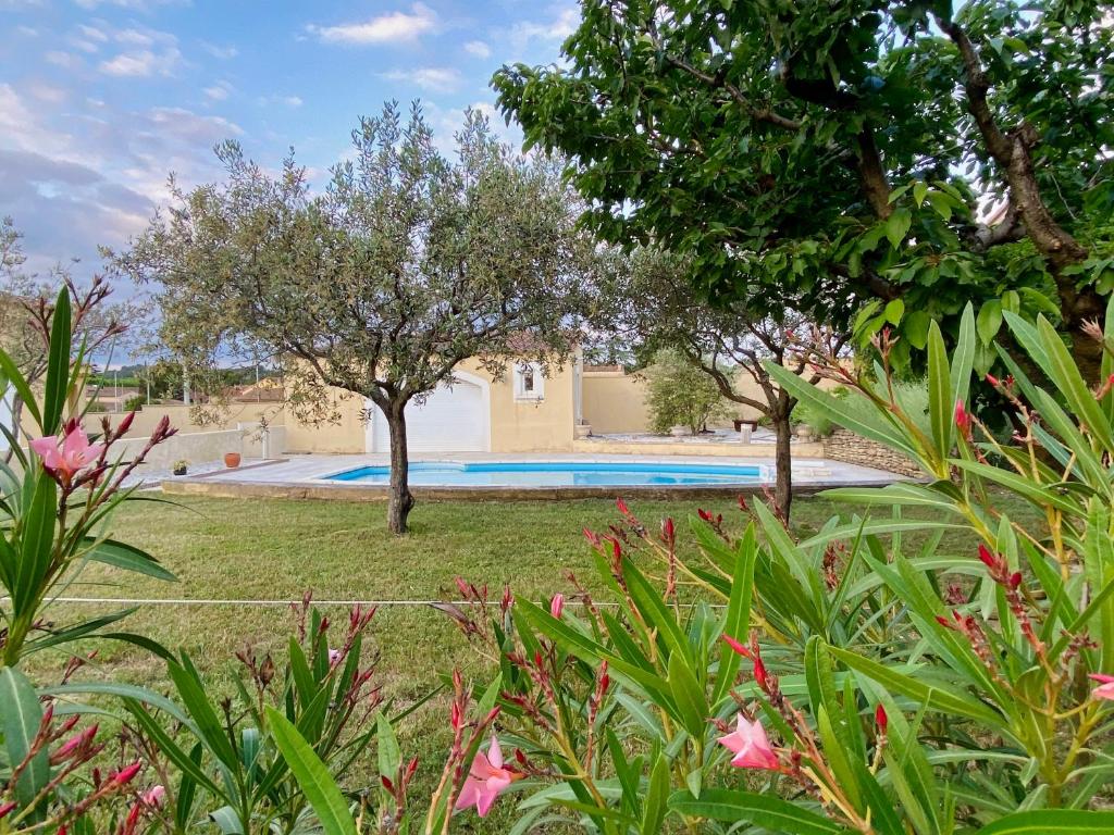 un jardin avec des arbres et une piscine dans l'établissement Villa Syrah, à Châteauneuf-du-Pape