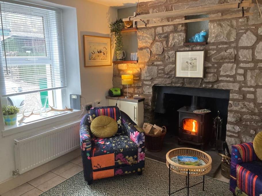 a living room with a chair and a stone fireplace at The Wee Cottage in Drumnadrochit