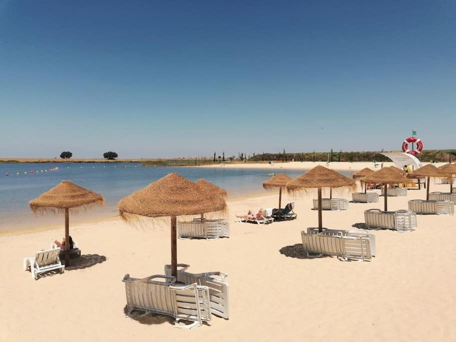 eine Gruppe von Stühlen und Sonnenschirmen am Strand in der Unterkunft Lobeira - Centenary country house and gardens in Beja