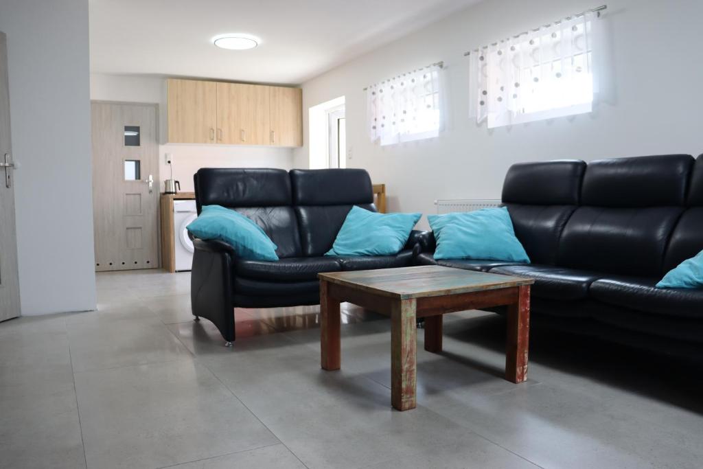 a living room with a black leather couch and a coffee table at Apartments Morsum in Thedinghausen